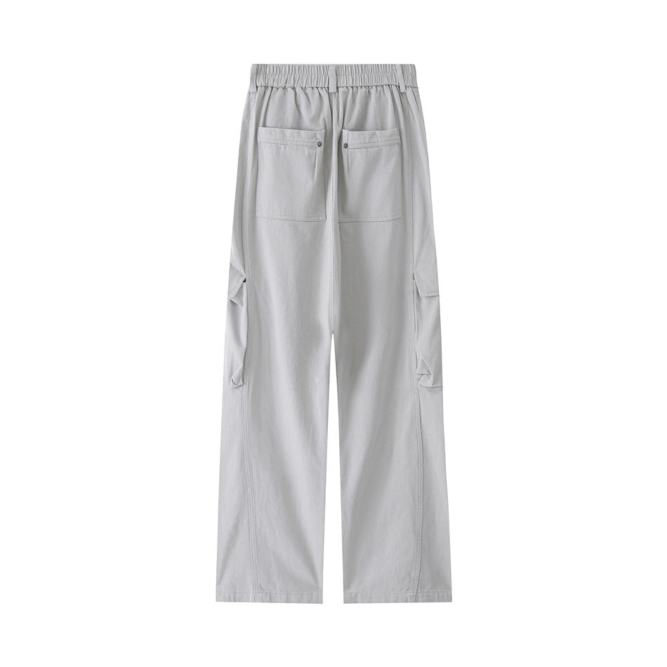Light gray cargo pants, back flat view with elastic waistband, two patch back pockets and side cargo pockets