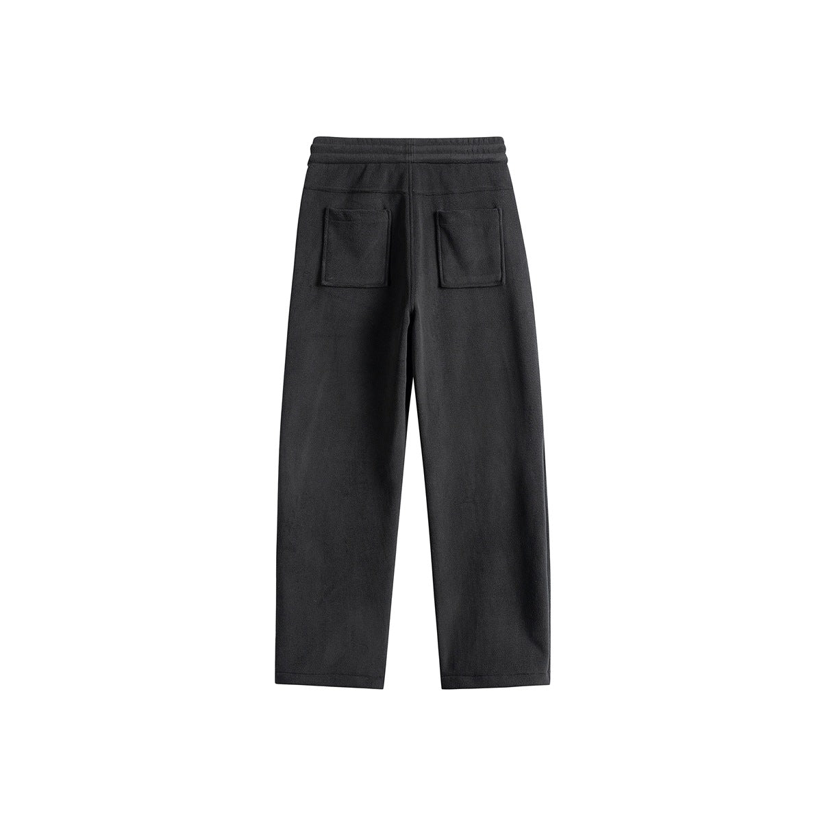 Rear view of black straight-leg pants with an elastic waistband and two square back patch pockets.
