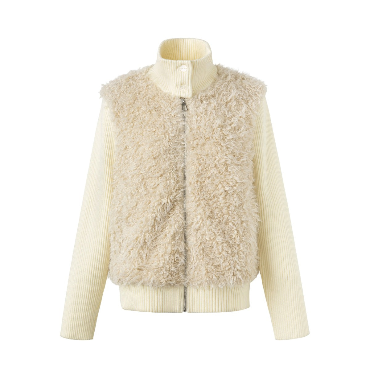 Off-white jacket front with curly faux lambskin panel, ribbed knit stand collar, sleeves and hem, and center zipper