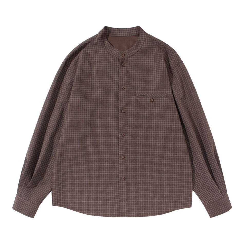 Brown small grid check band-collar button-up long-sleeve shirt with chest pocket, flat lay front view