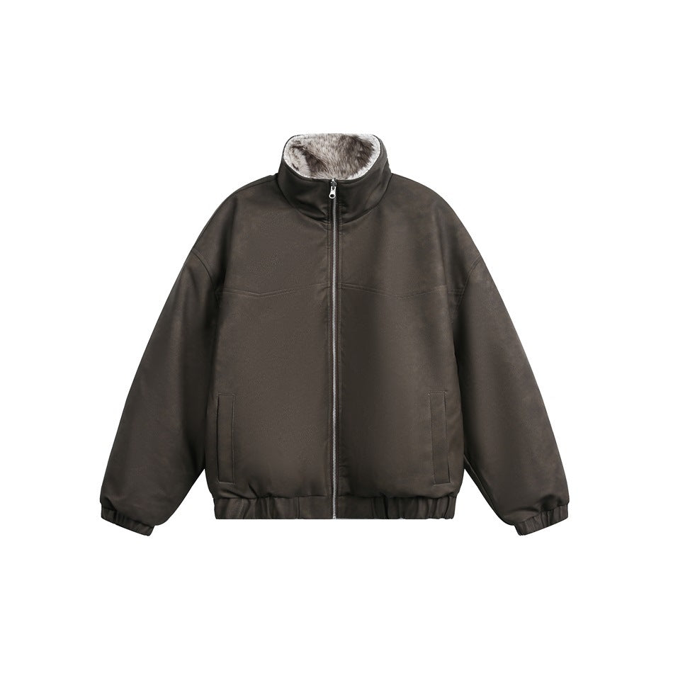 Brown stand-collar zip jacket with matte finish, slanted pockets, elastic hem and cuffs, and gray plush collar lining