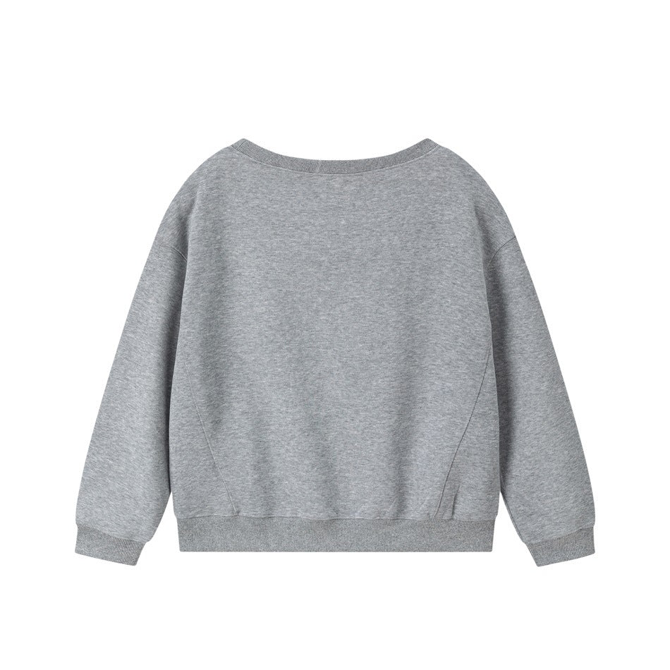 Back view of a plain heather-gray crewneck sweatshirt with long sleeves and ribbed cuffs and hem.