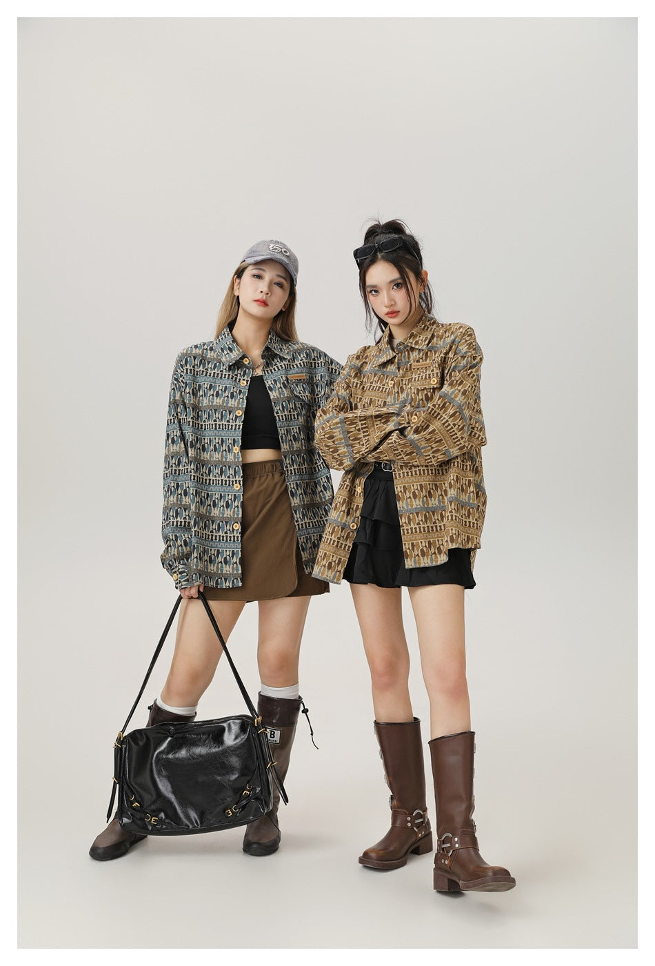 Two models wear oversized geometric-patterned button-up shirts in blue and brown colorways.