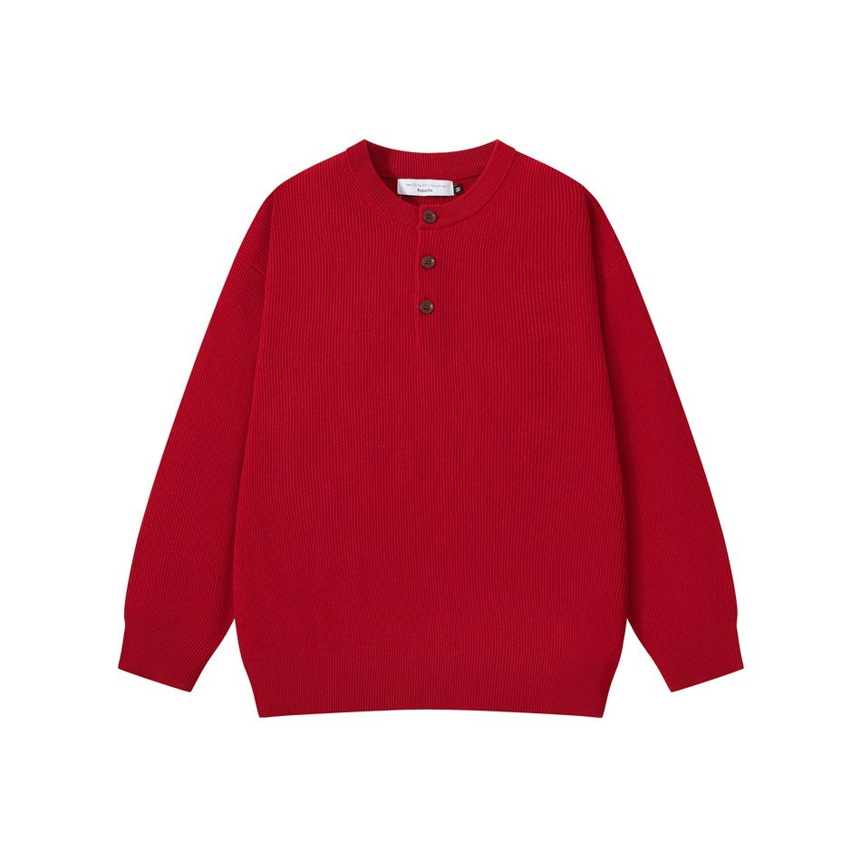 Red ribbed knit henley sweater with three brown buttons, flat lay front view