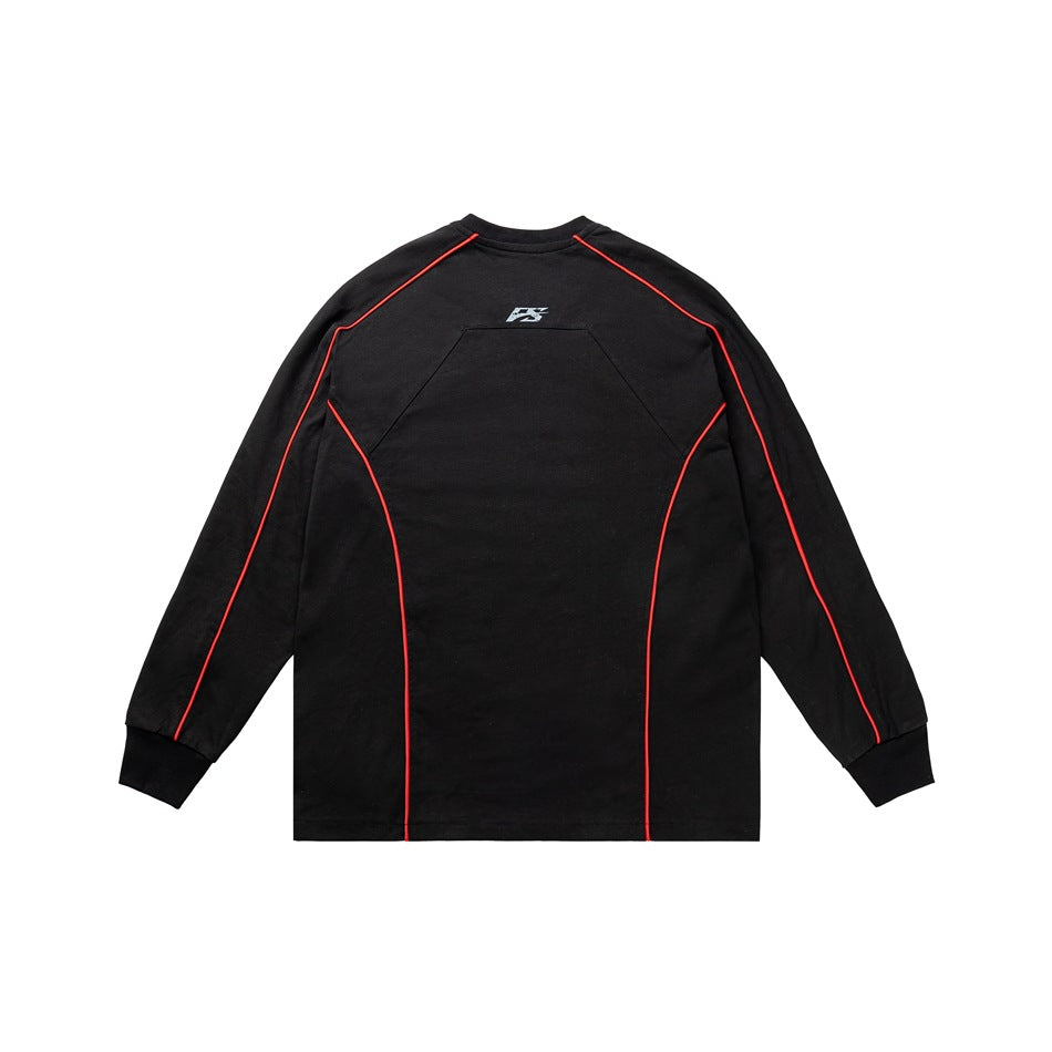 Back view of a black long-sleeve shirt with red piping and a small gray logo near the collar.