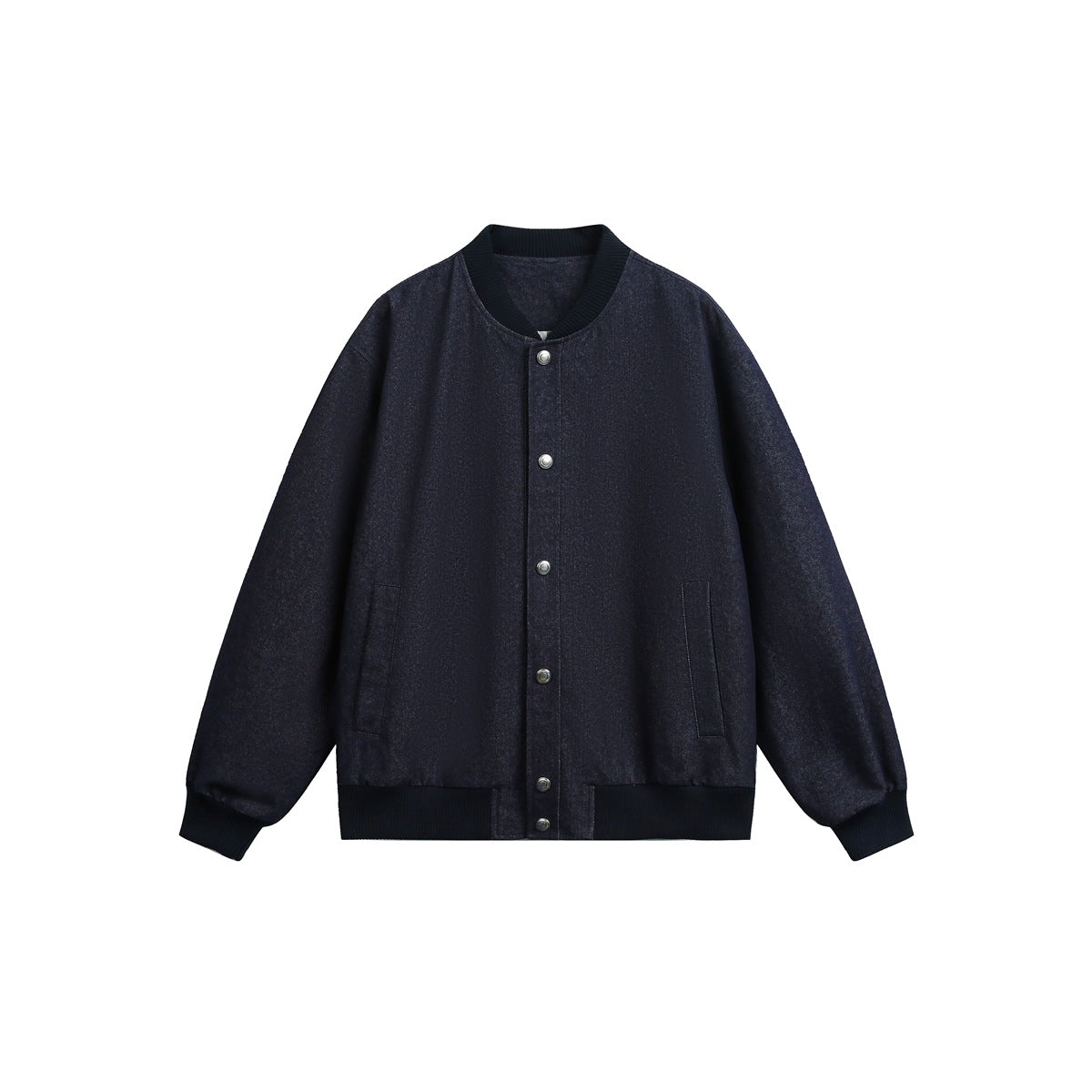 Navy baseball-collar jacket flat lay with ribbed collar, cuffs and hem, front snap buttons and slanted pockets