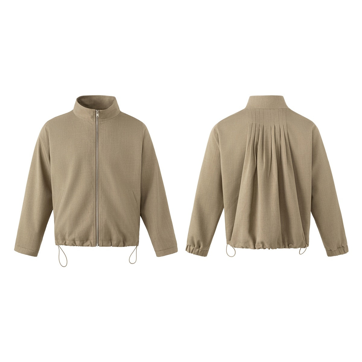 Taupe jacket shown flat against white, with front view at left and back view with pleats at right.