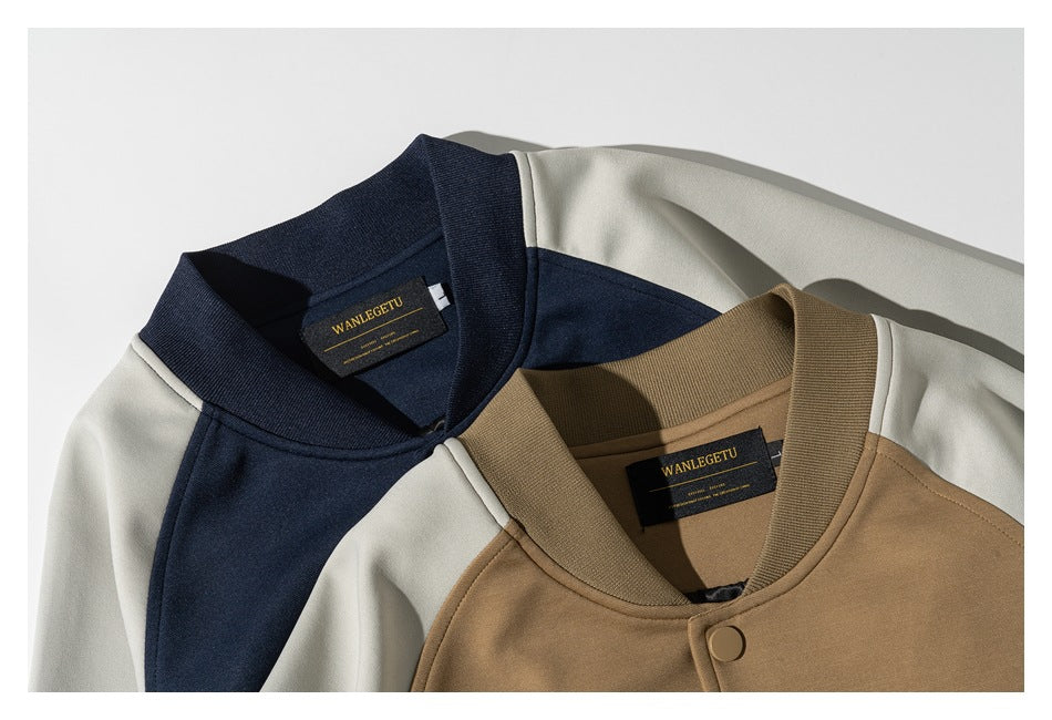 Two varsity-style jackets shown at the collar and chest: one navy and cream, the other tan and cream.