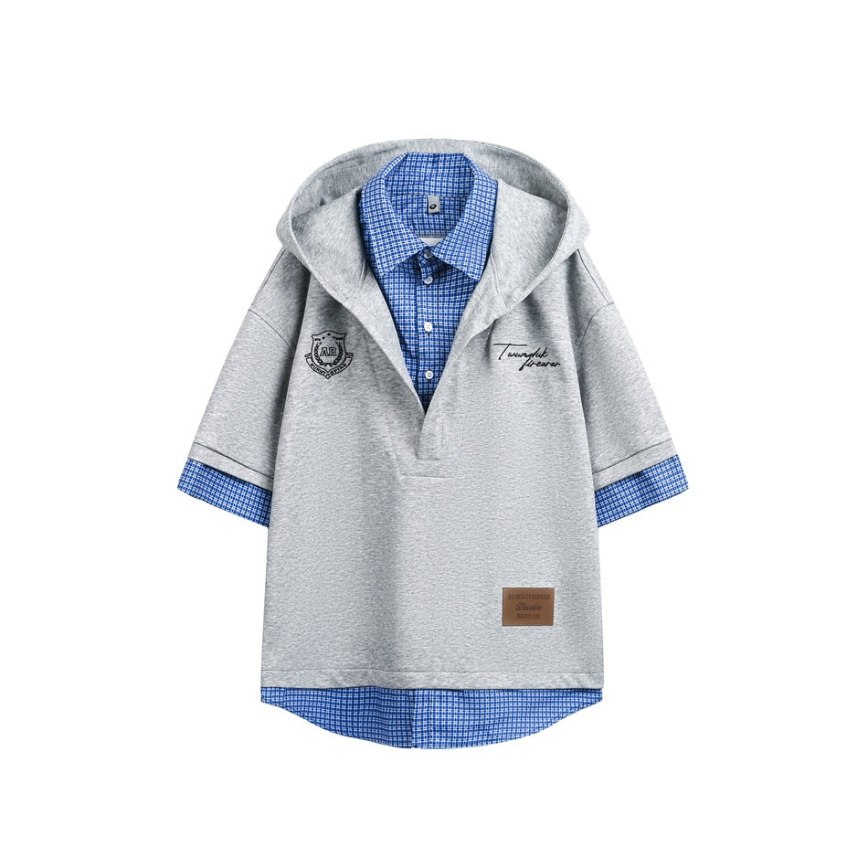 Heather gray short-sleeve hooded top with blue check shirt layer, chest crest and brown patch, flat front view