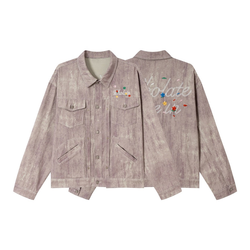 Dusty mauve jacket shown from the front and back, with chest pockets and colorful floral script embroidery.