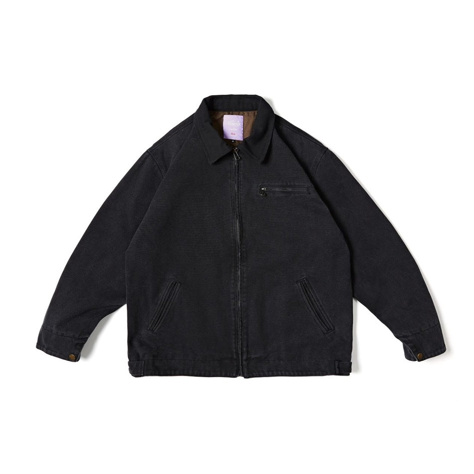 Black washed zip jacket with collar, chest zip pocket and slanted front pockets, flat front view