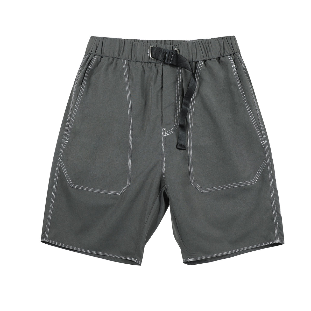 Gray knee-length shorts front view with elastic waist, black buckle belt, large patch pockets and white contrast stitching