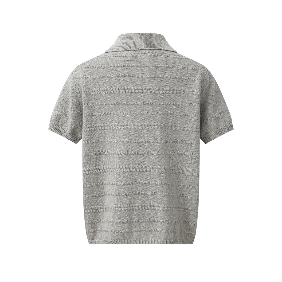 Back view of gray short-sleeve knit polo with textured horizontal stripes and ribbed cuffs and hem