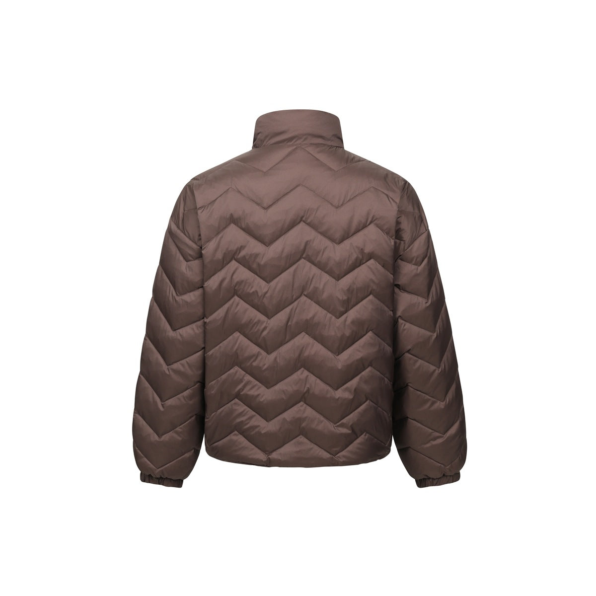 Back view of a brown quilted jacket with a stand collar, chevron stitching, and elastic cuffs.