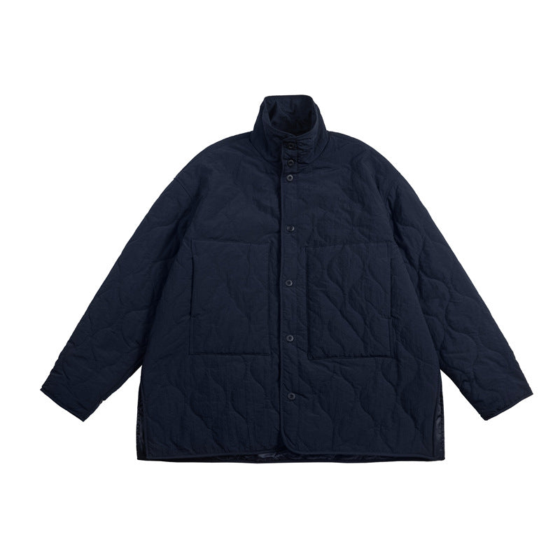 Navy quilted button-front jacket with stand collar and large patch pockets, flat lay