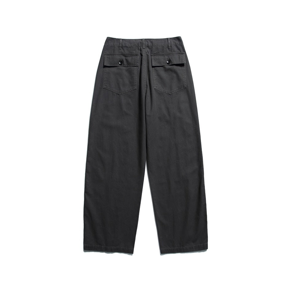 Dark gray wide-leg utility pants, flat back view with two button-flap pockets