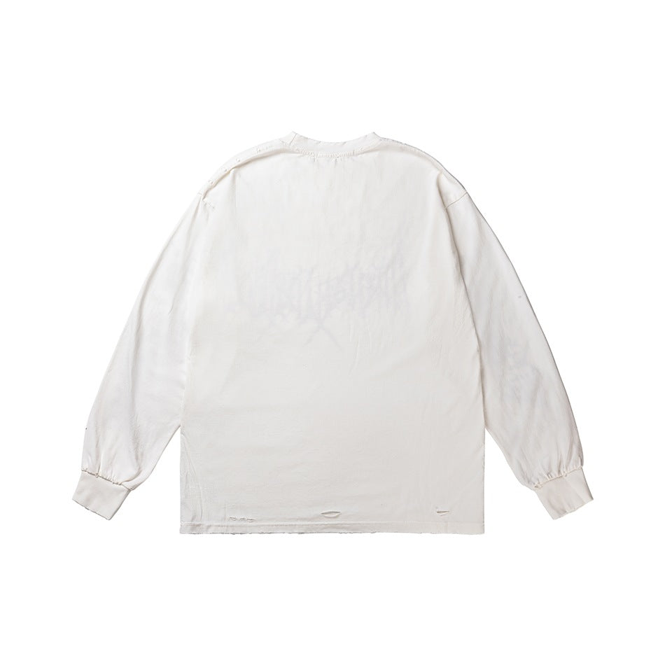 Back view of white long-sleeve top with distressed neckline, cuffs and hem, faint print show-through, flat lay