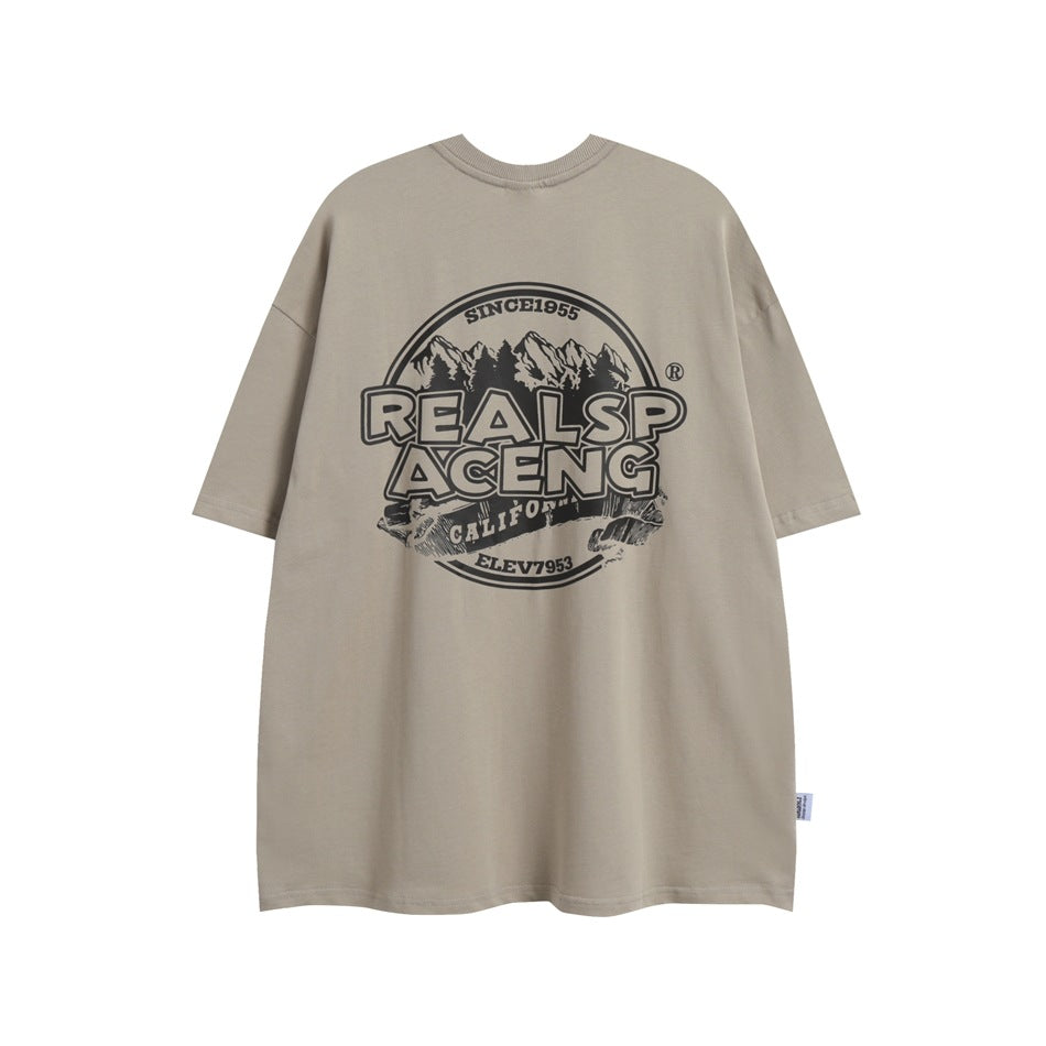 Khaki short-sleeve T-shirt back view with dark mountain emblem and lettering graphic