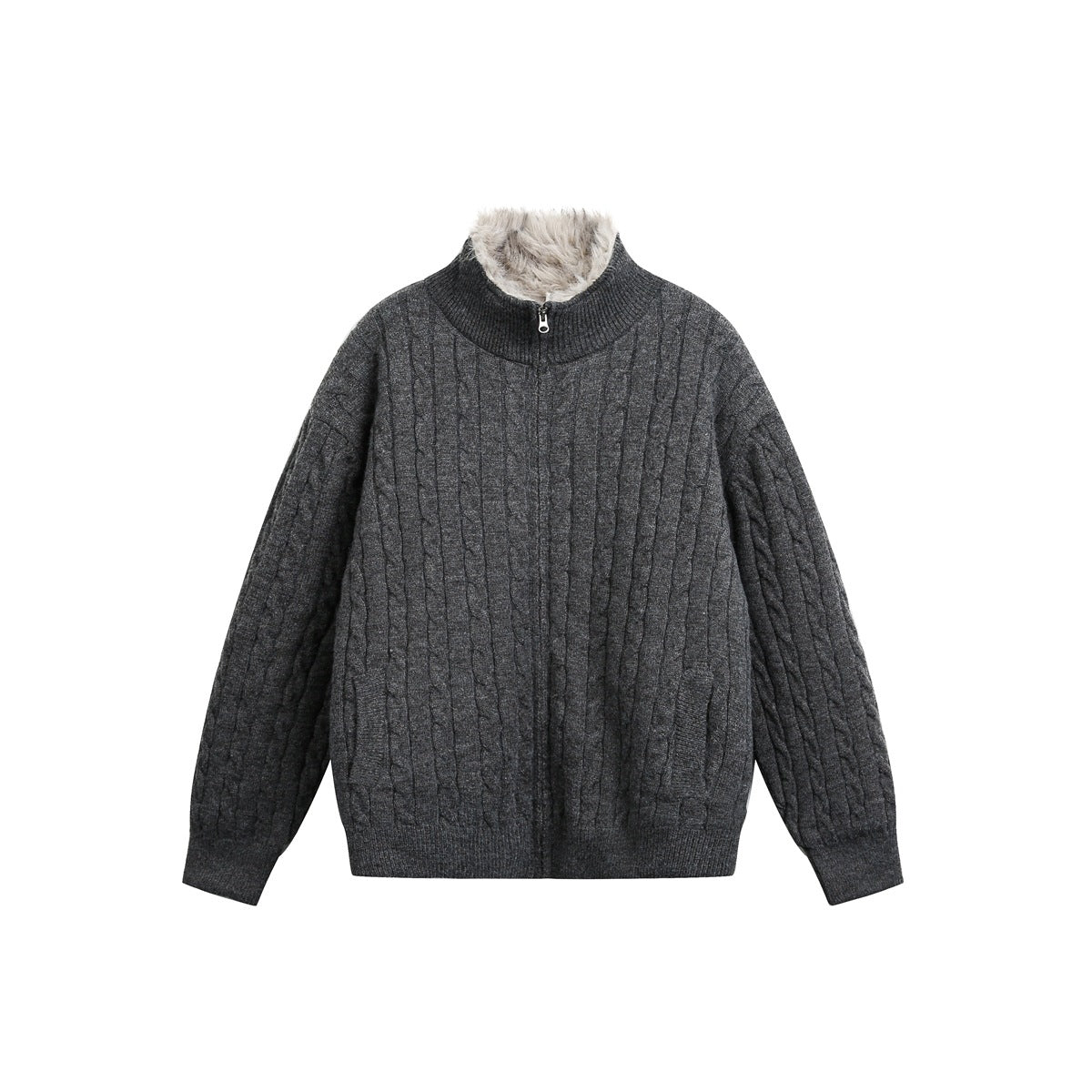Dark gray cable-knit zip jacket with stand collar, plush collar lining and ribbed hem and cuffs, front view