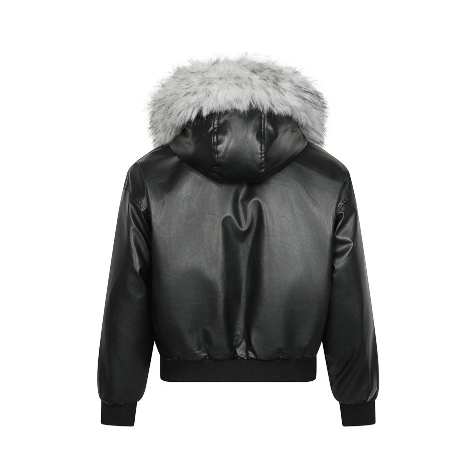 Back view of black faux-leather bomber jacket with gray faux-fur hood trim and ribbed cuffs and hem