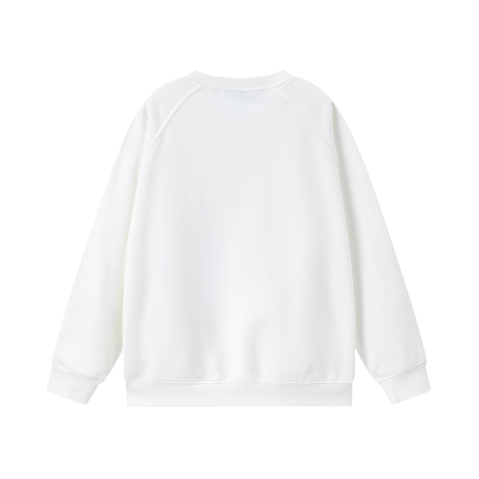 Plain white crewneck sweatshirt shown from the back, with raglan sleeves and ribbed cuffs and hem.
