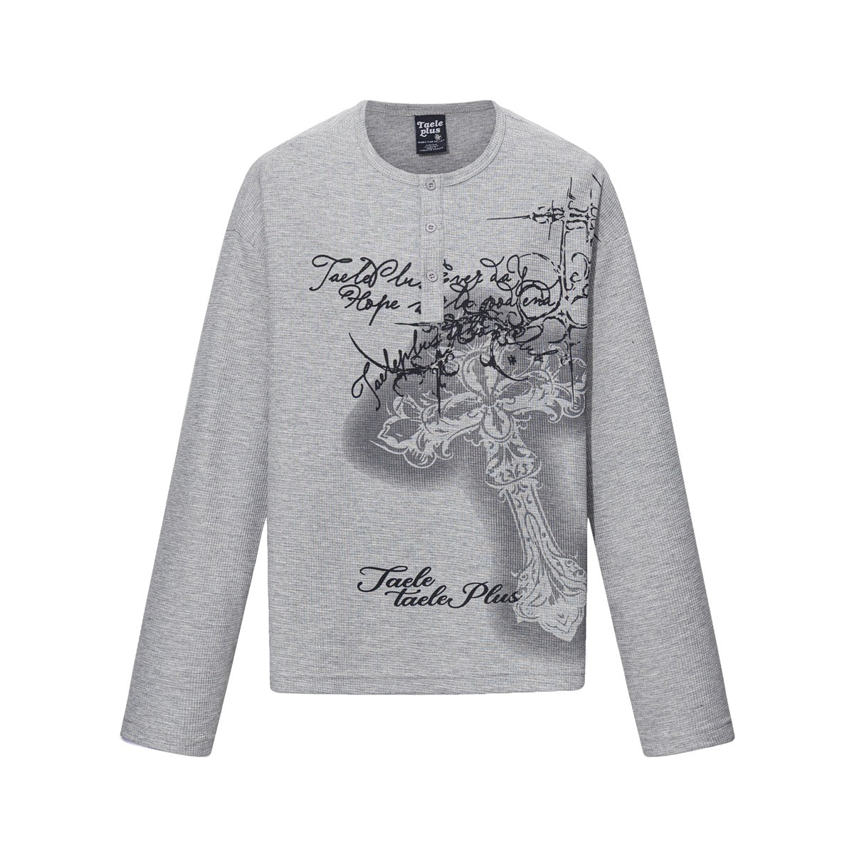 Heather gray long-sleeve waffle-knit Henley top with black script and cross graphic, flat front view
