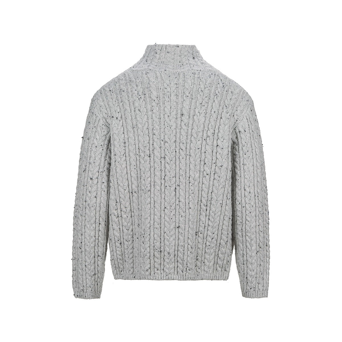 Back view of a light gray flecked cable-knit sweater with long sleeves and a high ribbed collar.