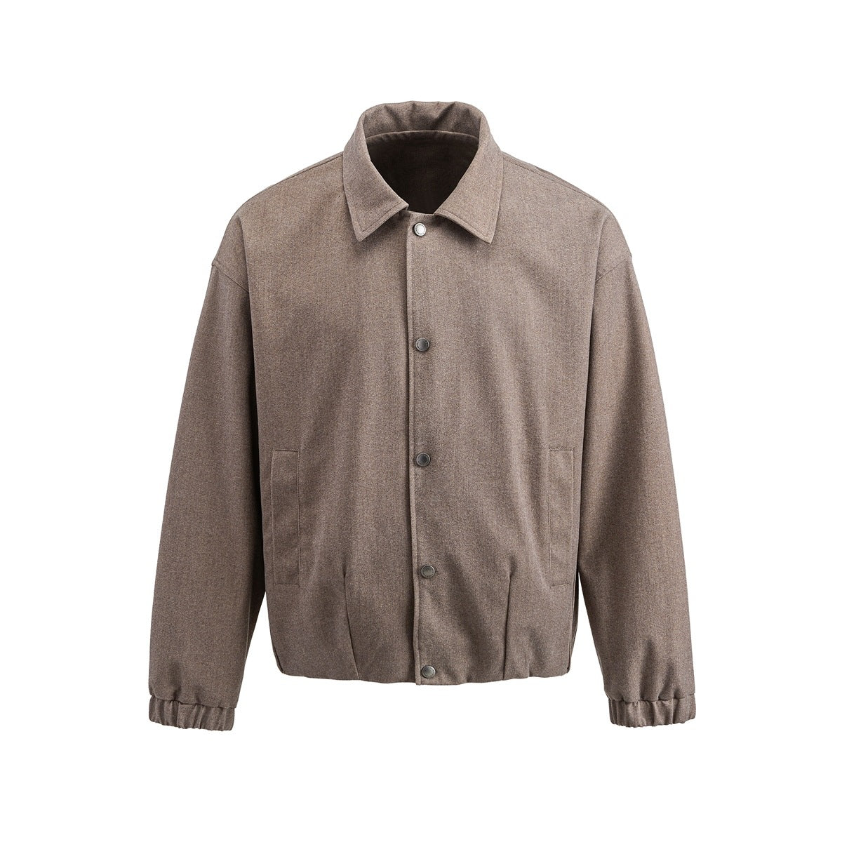 Light brown collared snap-button jacket with front pockets and elastic cuffs and hem, flat front view