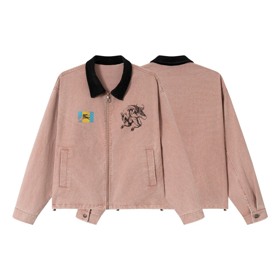 Dusty pink jacket shown from the front and back, with black collar, zip closure, pockets, and chest graphics.