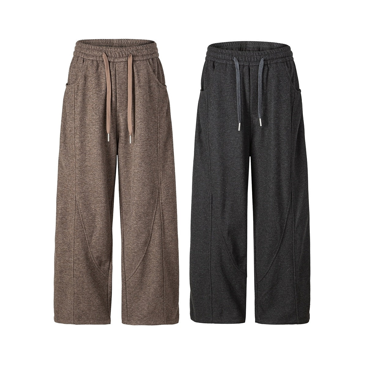 Front view of wide-leg pants in taupe and charcoal, each with an elastic drawstring waist and pockets.