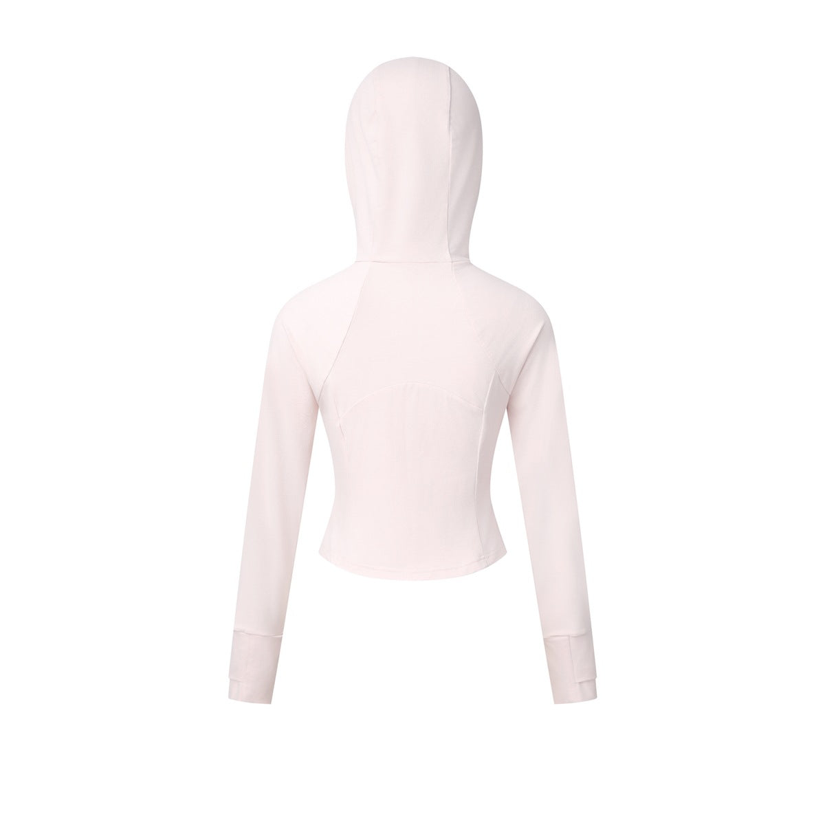 Back view of a pale pink cropped hooded top with long sleeves and shaped seam panels.