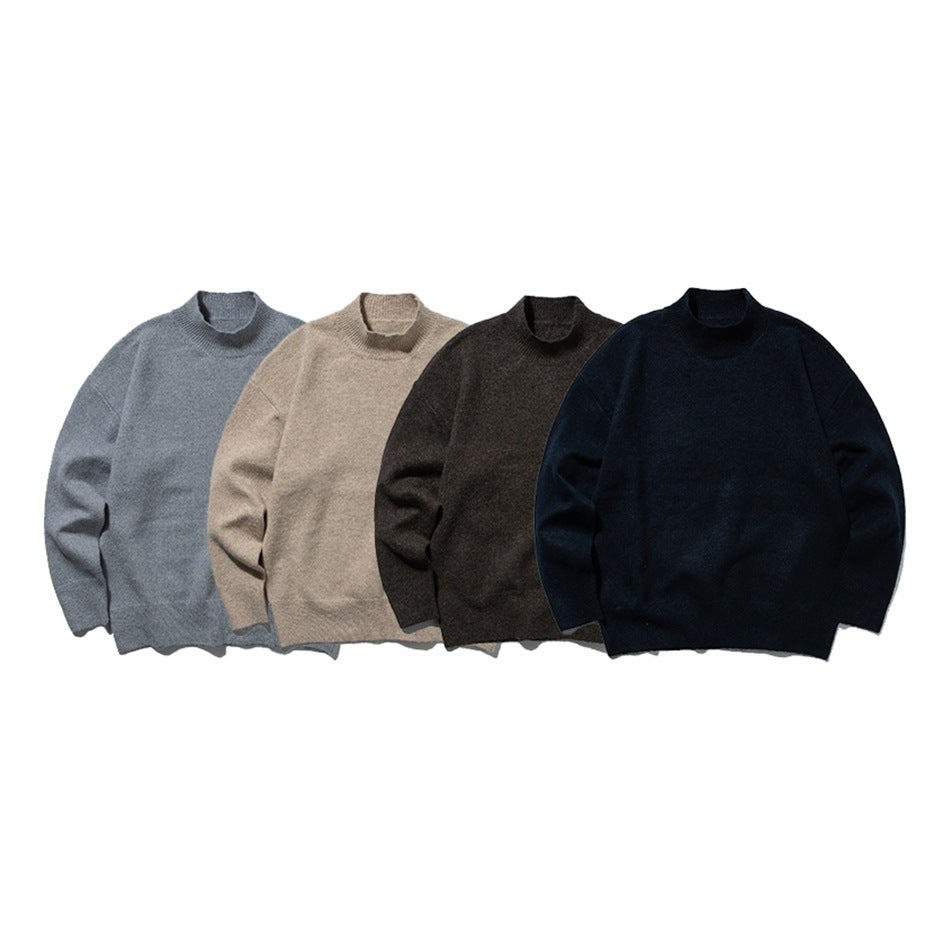 Four flat-laid mock-neck sweaters shown together in gray, beige, brown, and dark navy.