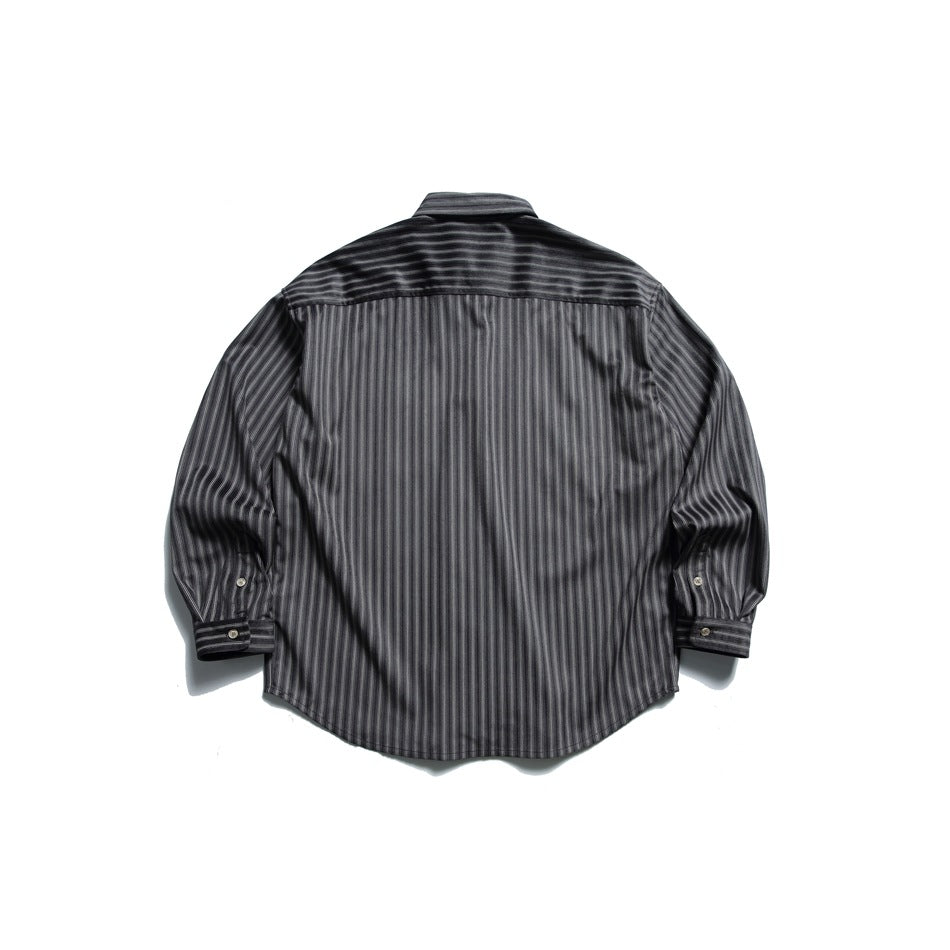 Back view of dark gray striped long-sleeve shirt showing yoke seam and buttoned cuffs, flat lay