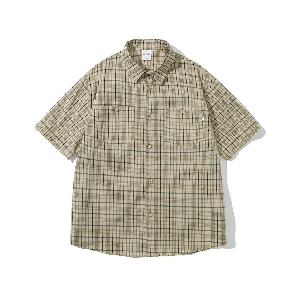 Khaki beige plaid short-sleeve button-up shirt with two chest pockets, flat lay front view