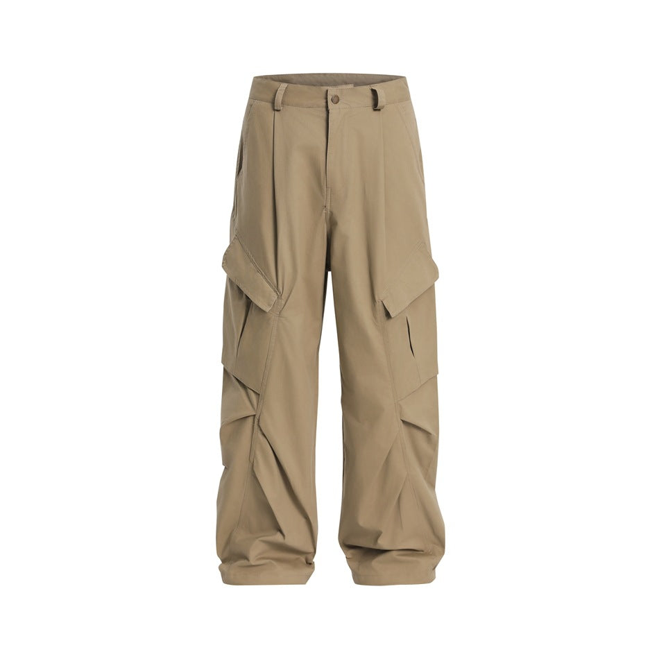 Khaki wide-leg cargo pants with large flap pockets and pleated leg detail, front view
