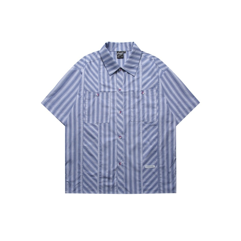 Blue and white striped short-sleeve button-up shirt with chest pockets and angled front panels, flat lay front view