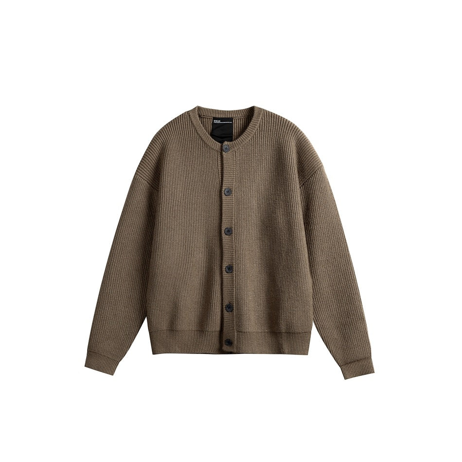 Coffee brown ribbed knit button-front cardigan with round neckline, flat lay front view