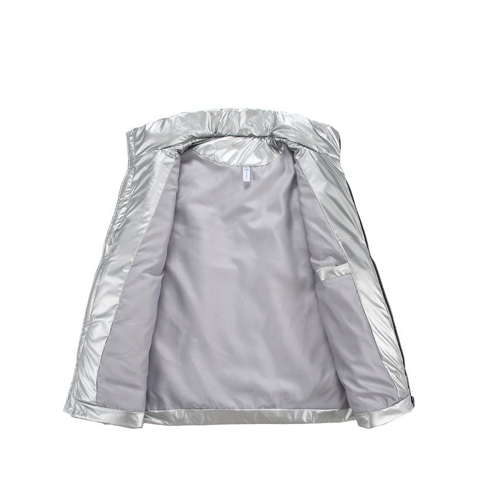 Silver vest shown open to reveal its light gray lining, inner pocket, and high collar.