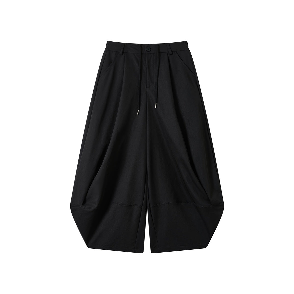 Black wide-leg balloon pants with front pleats, drawstring, button closure and curved lower leg panel, flat lay front view