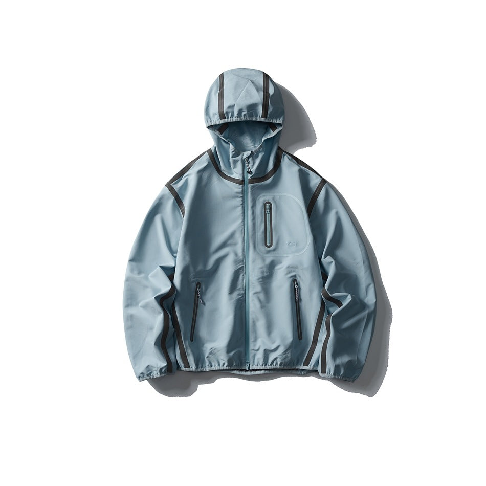 Dusty light blue hooded zip jacket flat lay with dark contrast tape and zip pockets