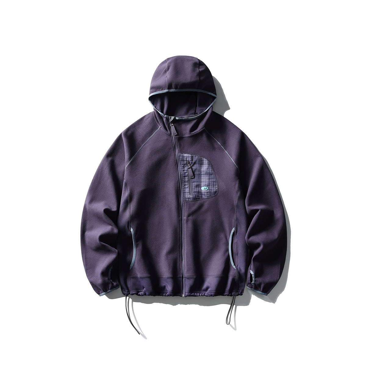 Grape purple hooded zip jacket flat lay with plaid zip chest pocket and light blue trim