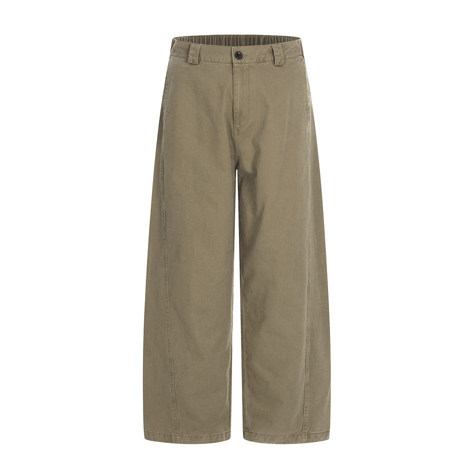 Khaki wide-leg pants flat lay, front view with button fly, belt loops and curved leg seams
