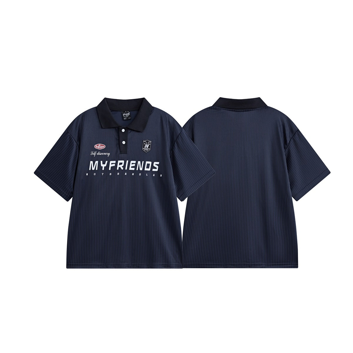 Navy pinstriped polo shown from the front and back, with a black collar, short sleeves, and white chest graphics.