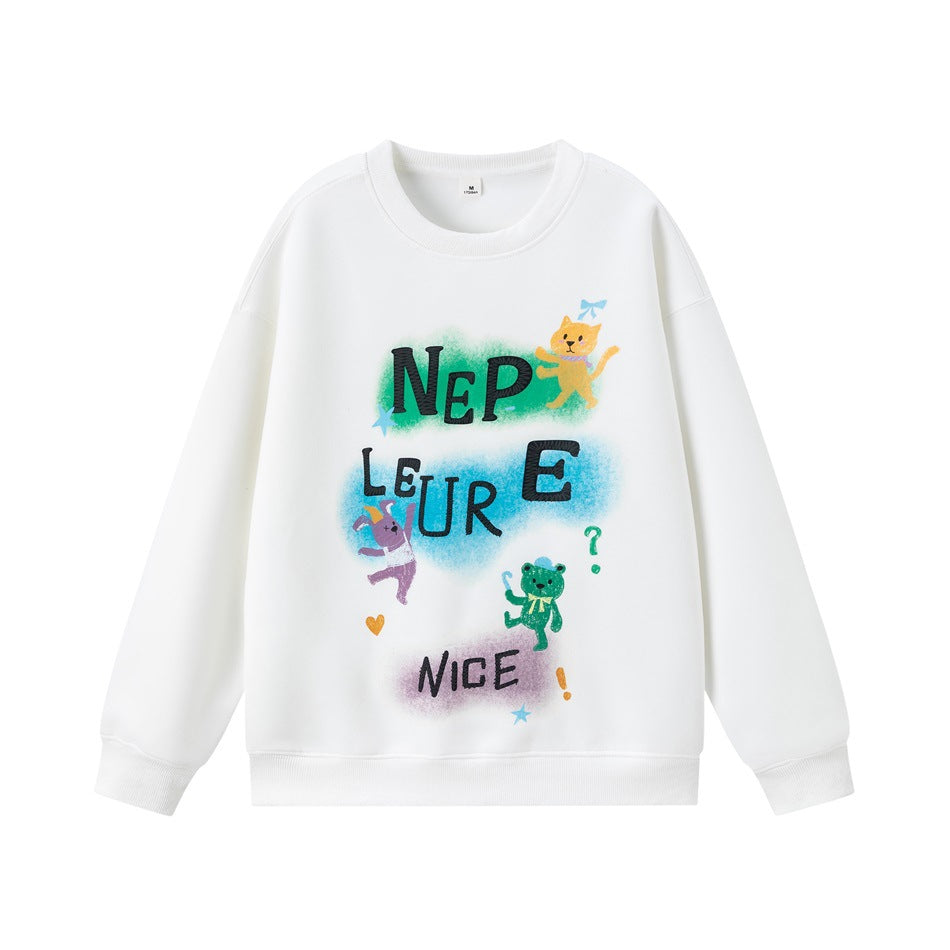 White crew-neck sweatshirt with colorful cat, rabbit and bear graphic and black lettering on the front