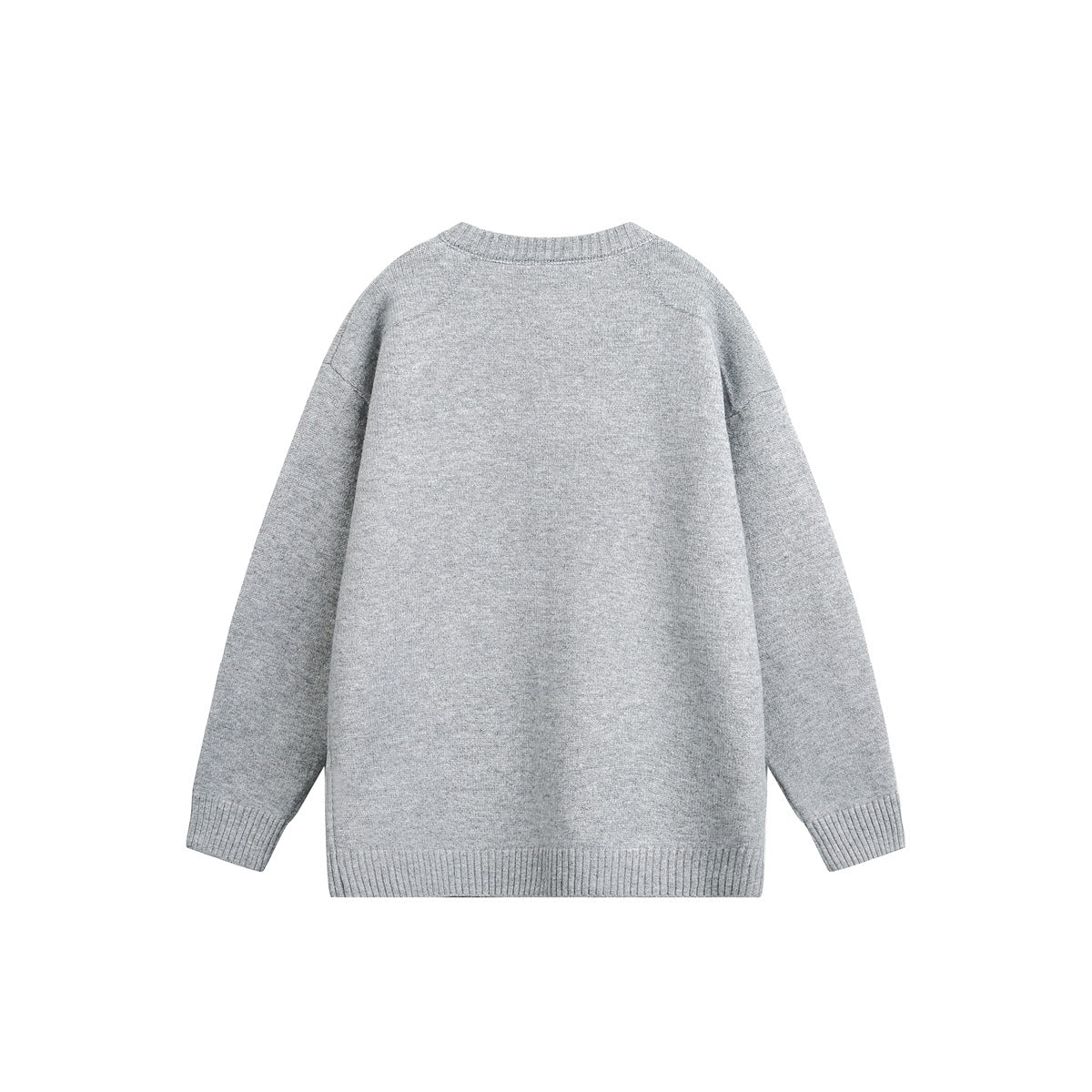 Back view of a light gray knit cardigan with long sleeves and ribbed collar, cuffs, and hem.