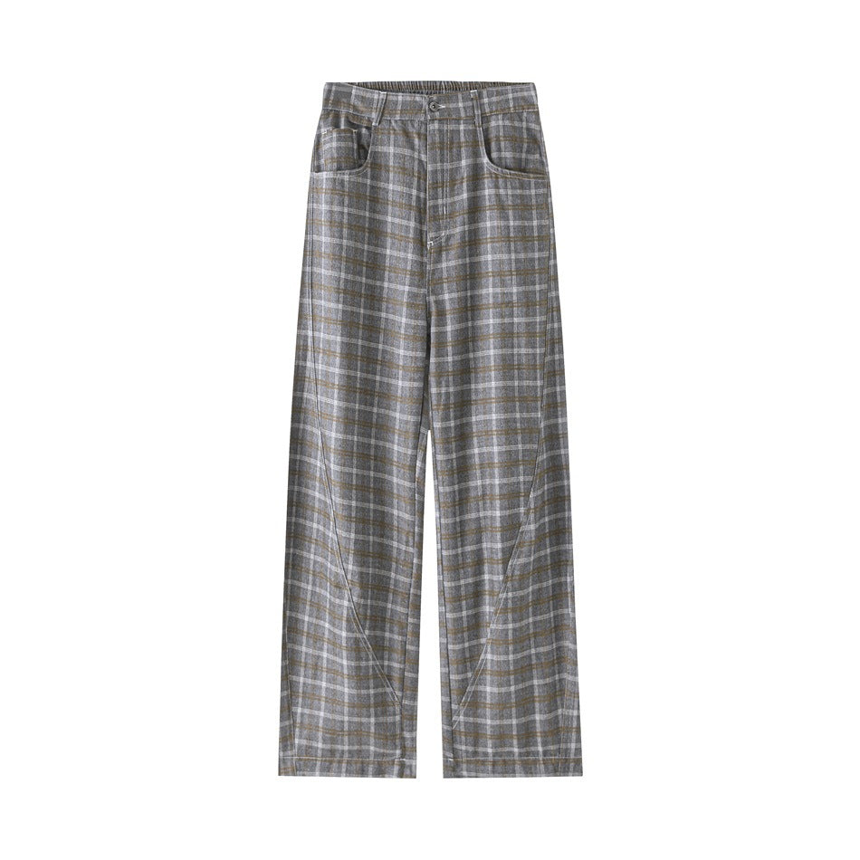 Front view of gray plaid wide-leg pants with button fly, front pockets and curved leg seams