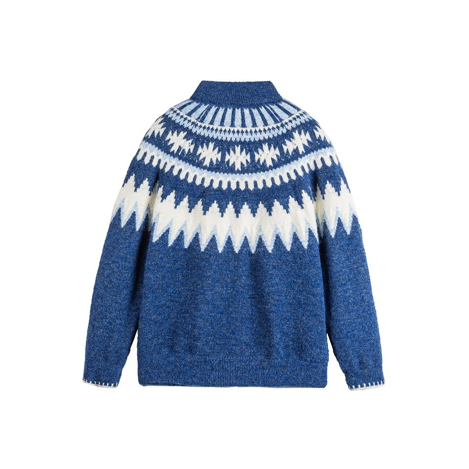 Back view of a blue knit sweater with a cream geometric yoke pattern and ribbed collar and hem.