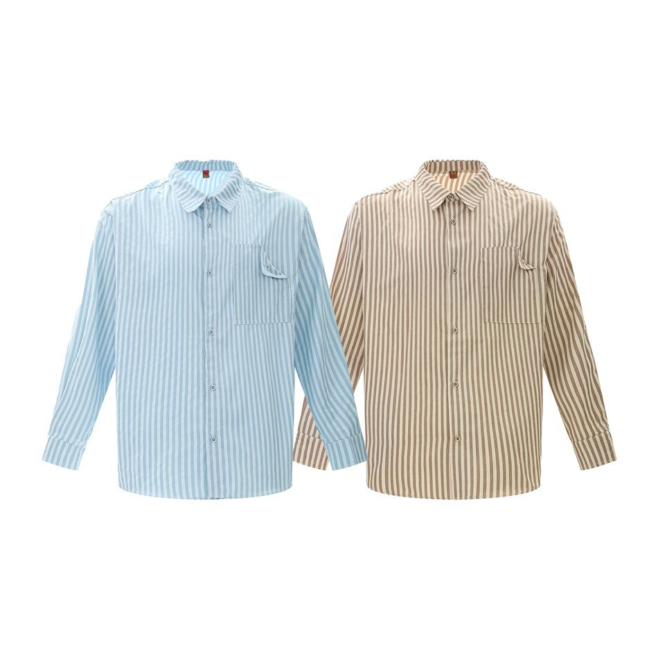 Two long-sleeved striped button-up shirts shown flat: one light blue and white, the other beige and white.