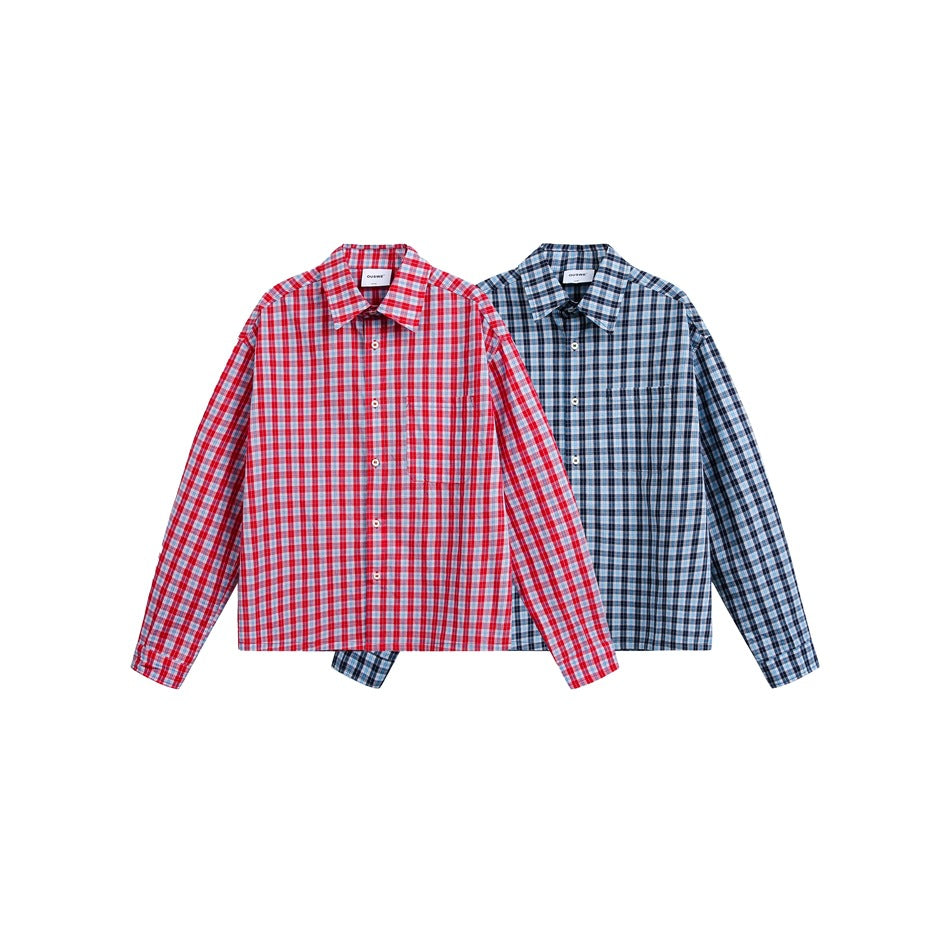 Two long-sleeve button-up shirts shown together: one red-and-white plaid and one blue-and-gray plaid.