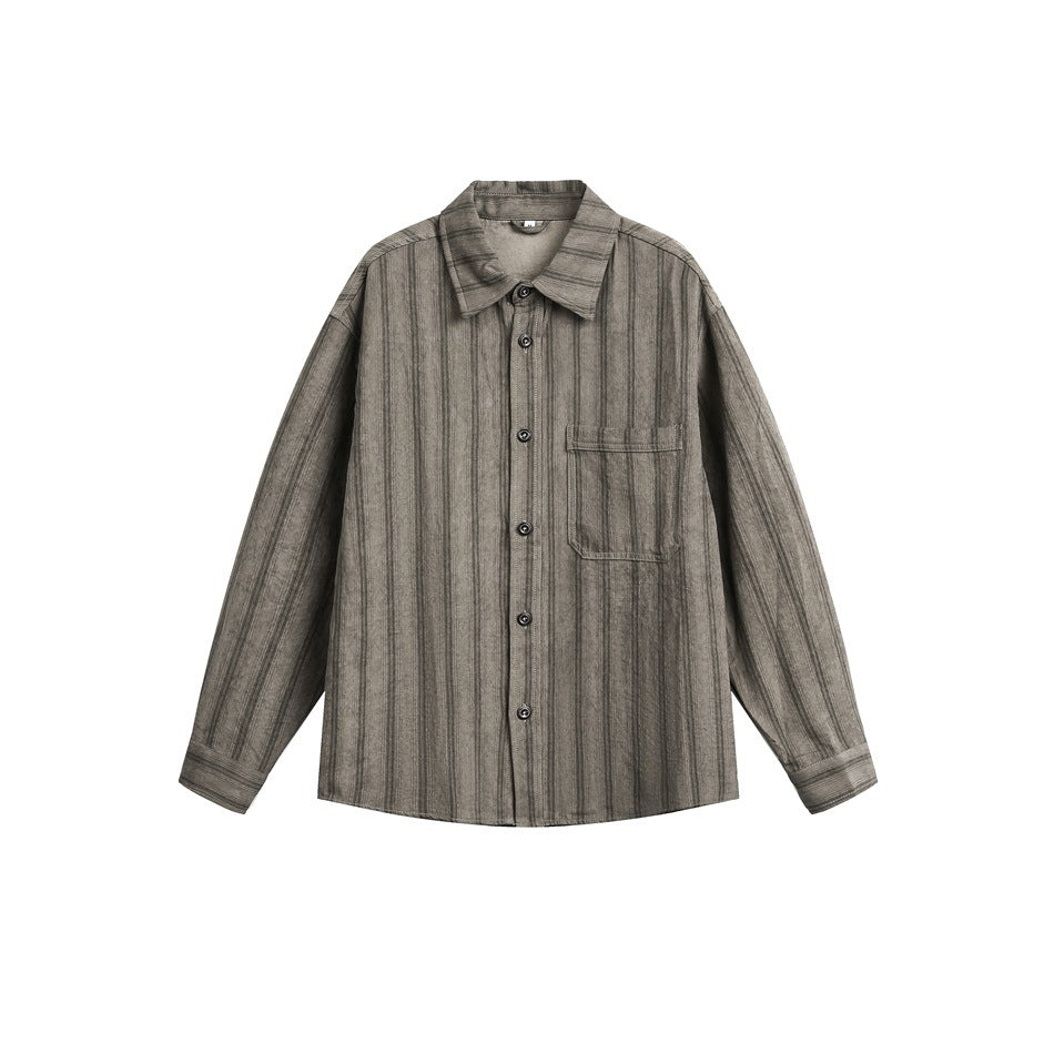 Washed brown-gray striped long-sleeve button-up shirt, flat front view with chest pocket and collar